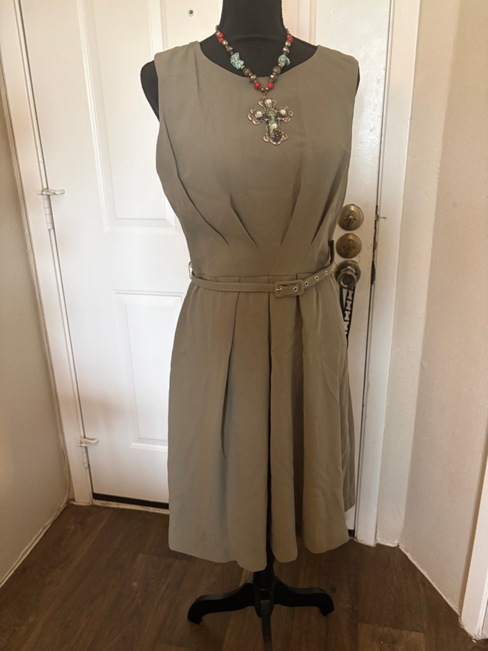 Anthropologie Olive Green Sleeveless Pleated Midi Dress with Belt